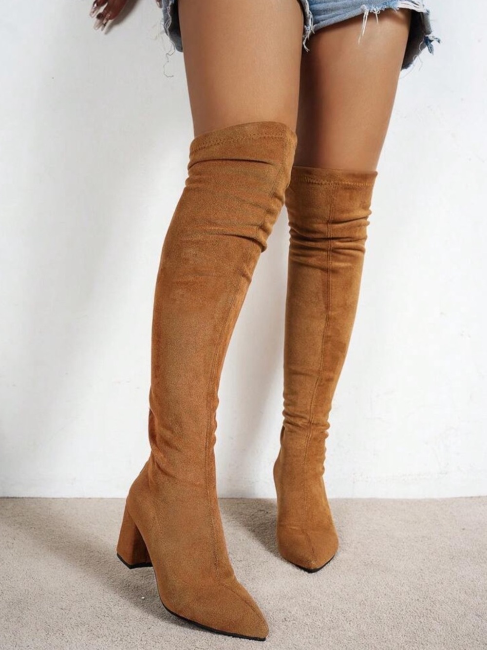 Tan Over-The-Knee Suede Boots – Chunky Heel Thigh High Boots - 9.5